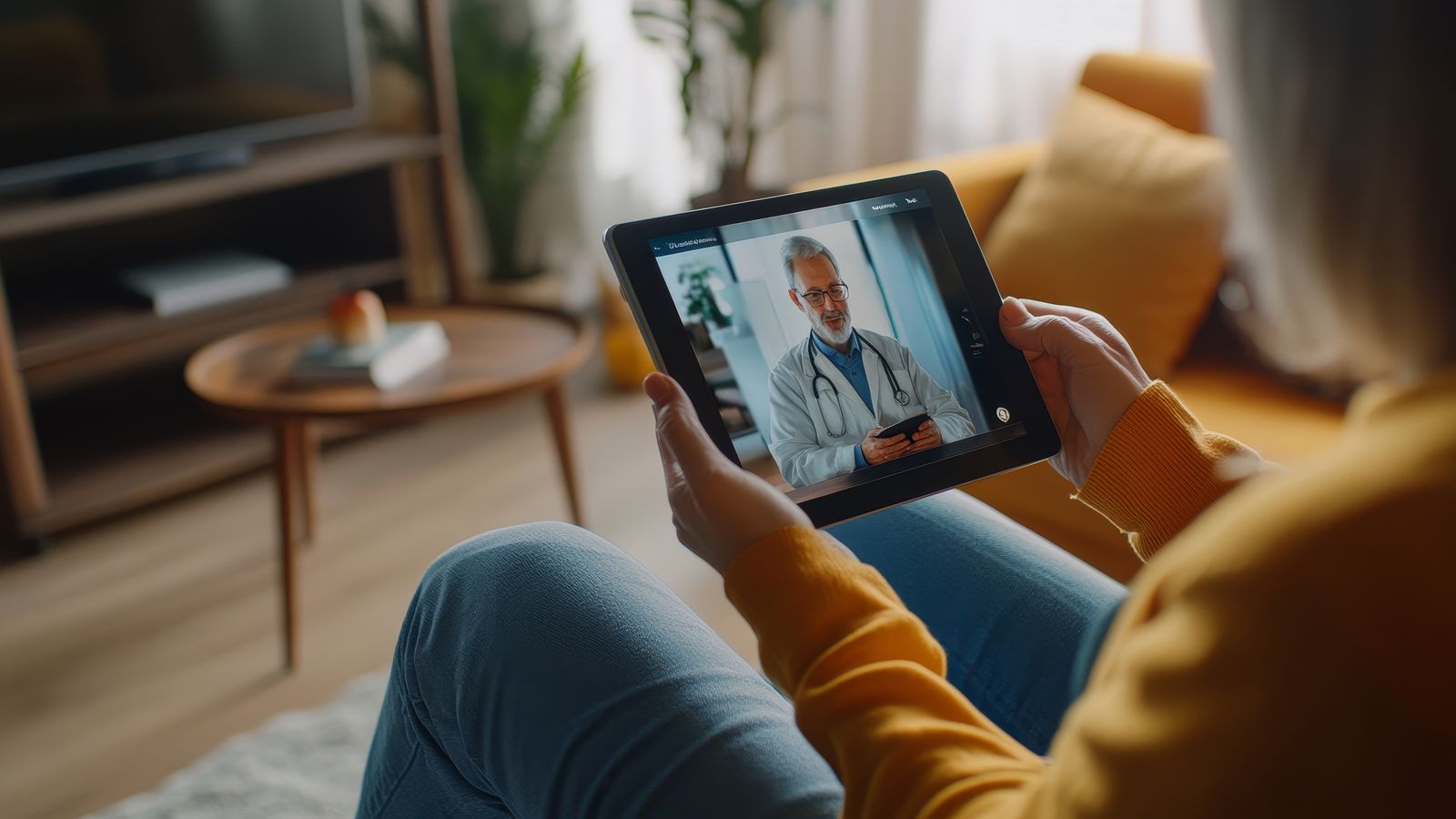 Patient at home on a couch having a telehealth video call with a doctor displayed on a tablet screen.