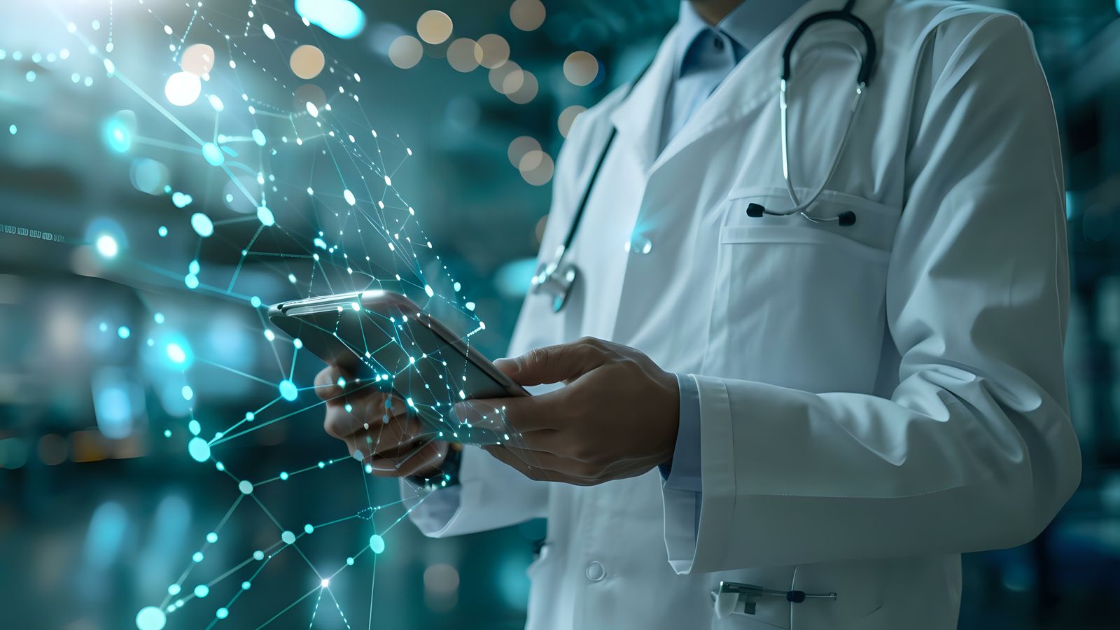 Doctor in a white coat using a tablet with a glowing digital health data network visualization overlay.