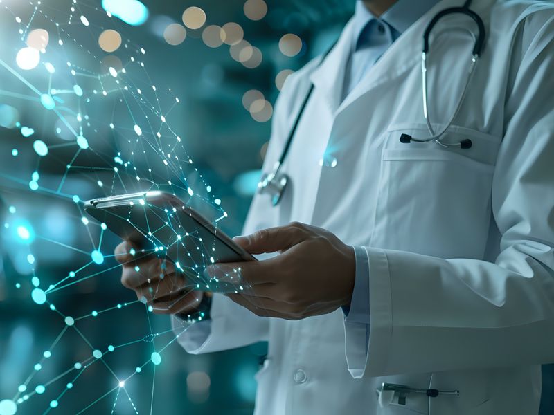 Doctor in a white coat using a tablet with a glowing digital health data network visualization overlay.