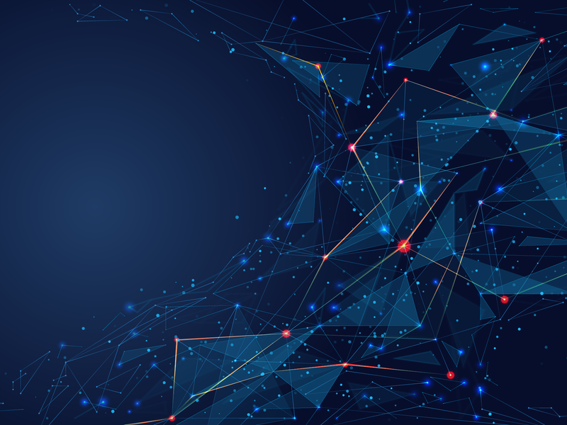 Abstract digital network illustration with glowing connected nodes and geometric shapes on a dark blue background, representing data connectivity.