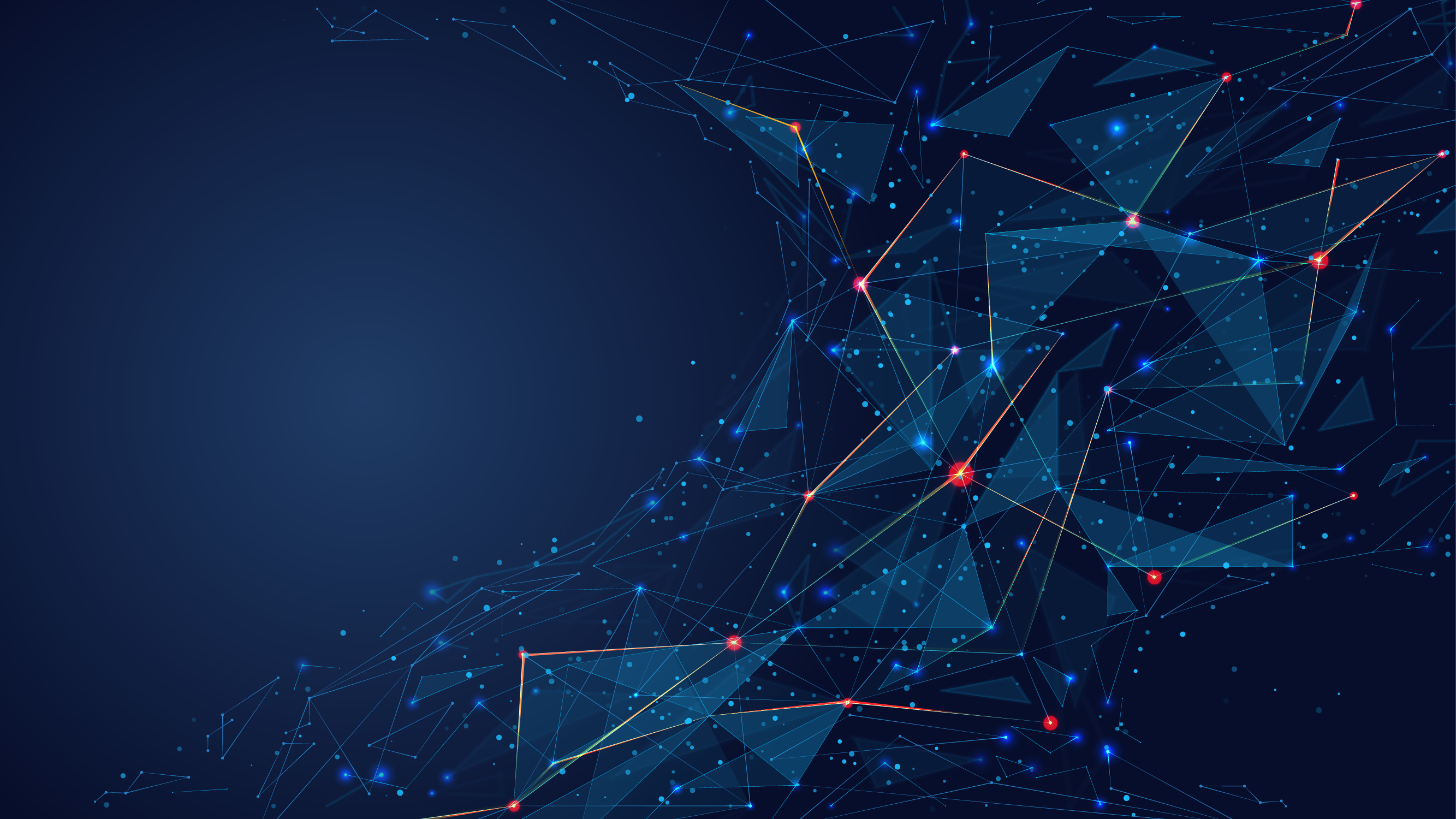 Abstract digital network illustration with glowing connected nodes and geometric shapes on a dark blue background, representing data connectivity.