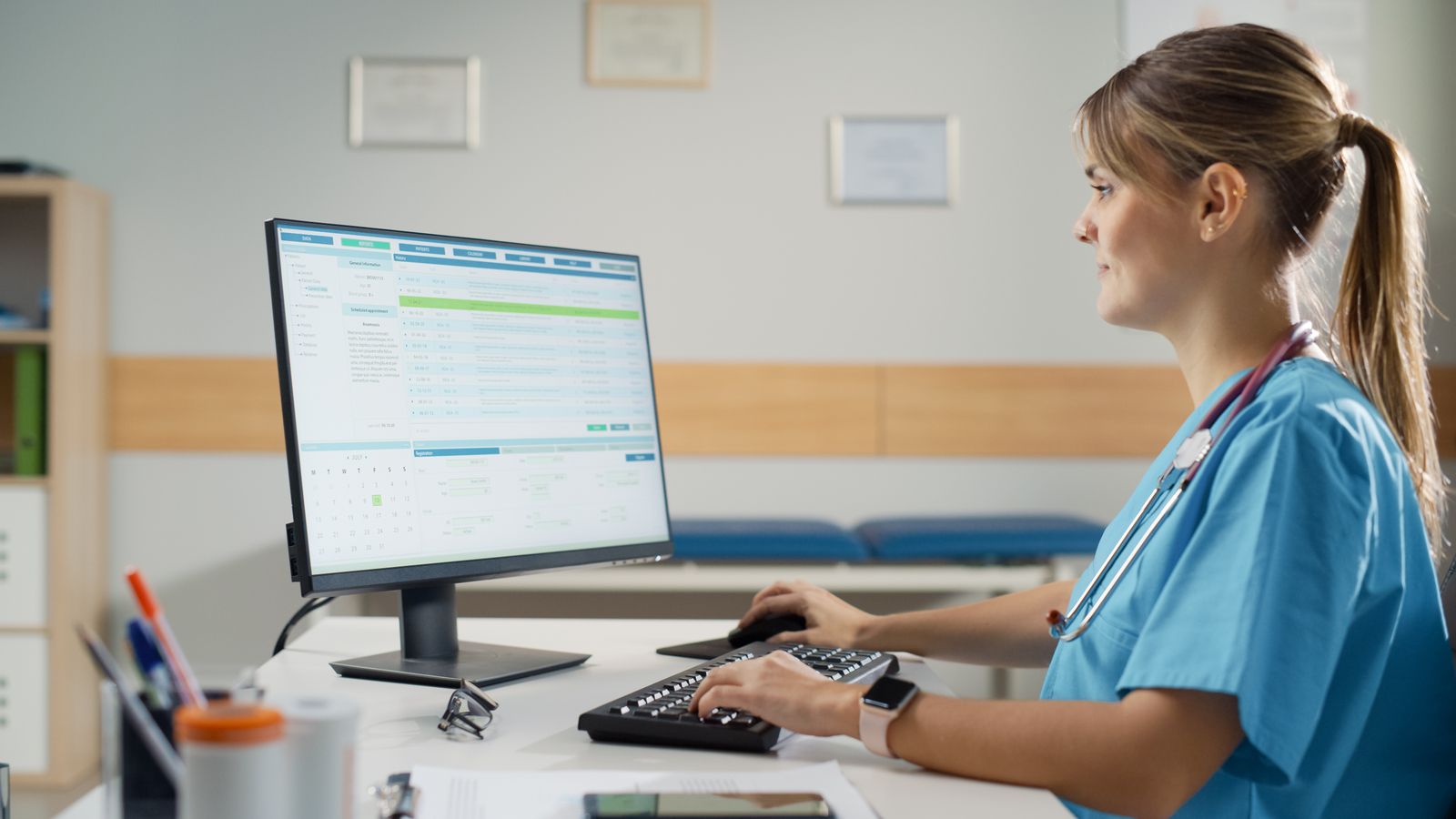 Nurse in blue scrubs reviewing electronic health records on a desktop computer monitor in a clinical setting.