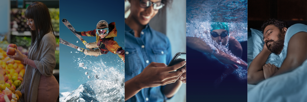 Photo collage showing people in various active and daily life scenarios using smartphones and wearable devices.