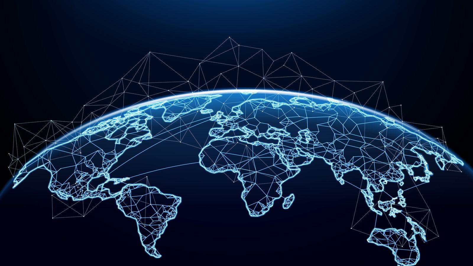 Global network map with glowing blue continents and digital connections
