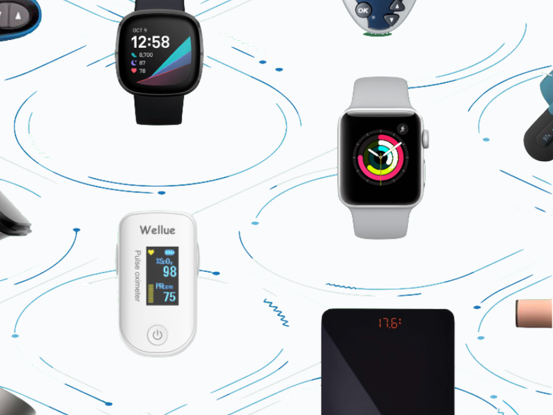 Collection of connected health wearables and devices displaying vital metrics and data
