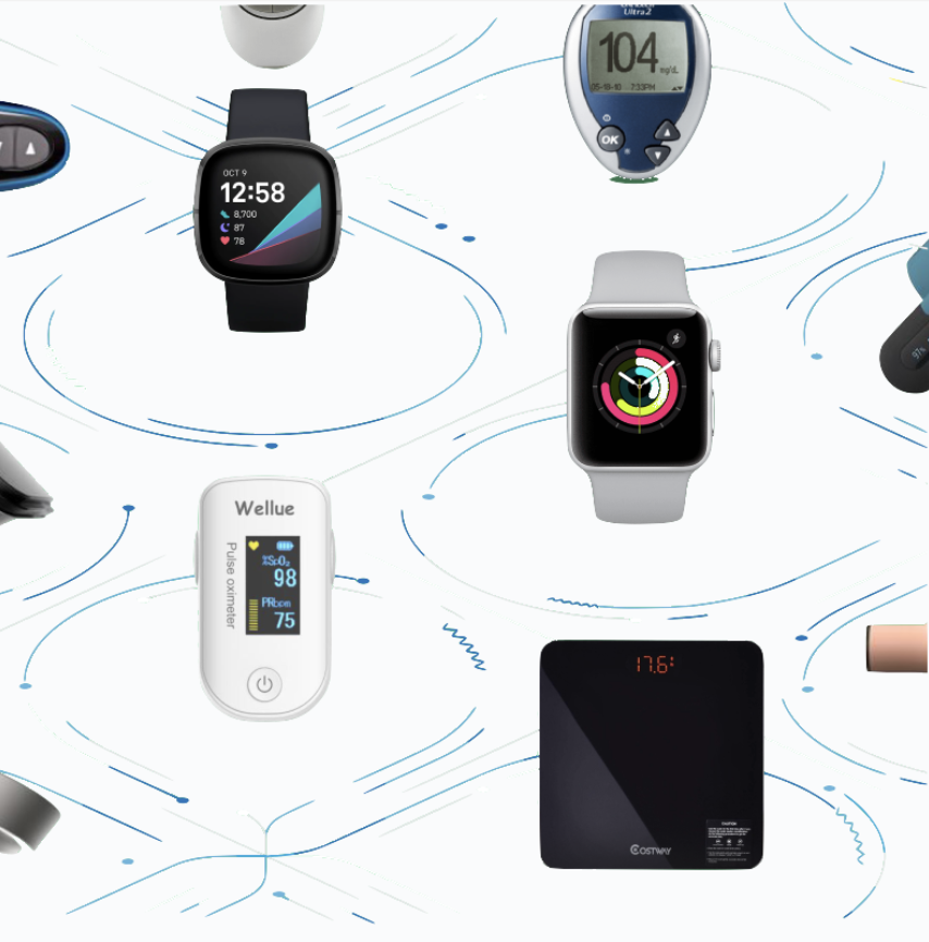 Collection of connected health wearables and devices displaying vital metrics and data