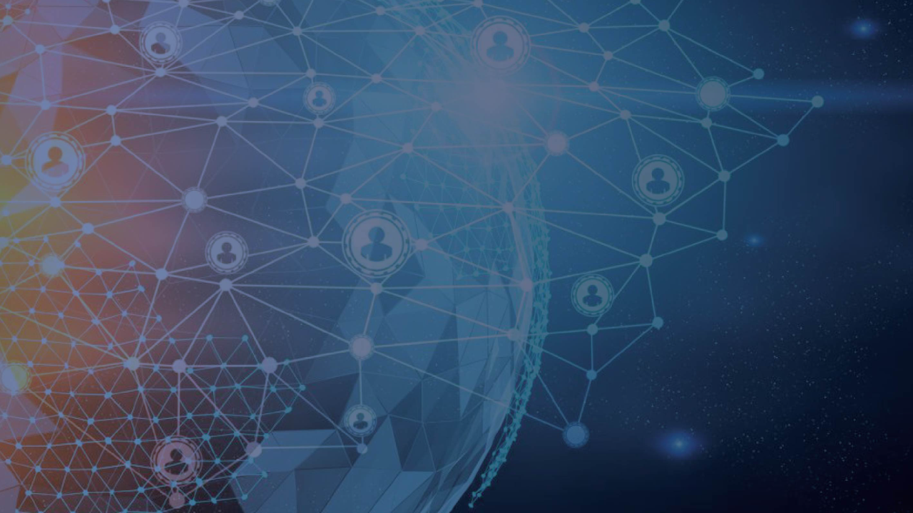 Abstract digital network globe with connected user icons, representing global healthcare data connectivity.