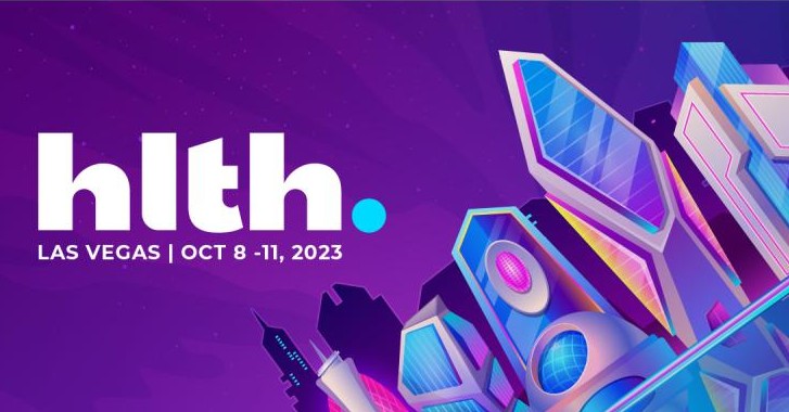 HLTH 2023 conference banner for Las Vegas, October 8-11, 2023, with colorful futuristic cityscape illustration.