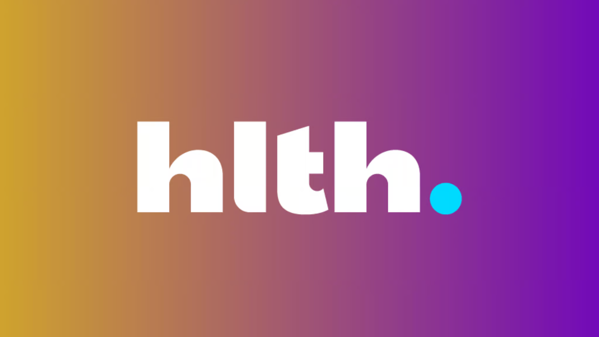 HLTH conference logo in white on a gold-to-purple gradient background