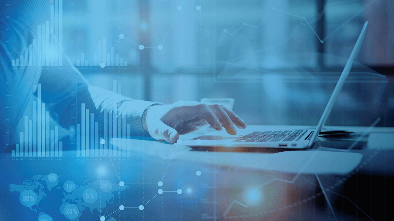 Business professional typing on a laptop with digital data charts overlaid, representing missed opportunities in healthcare analytics.