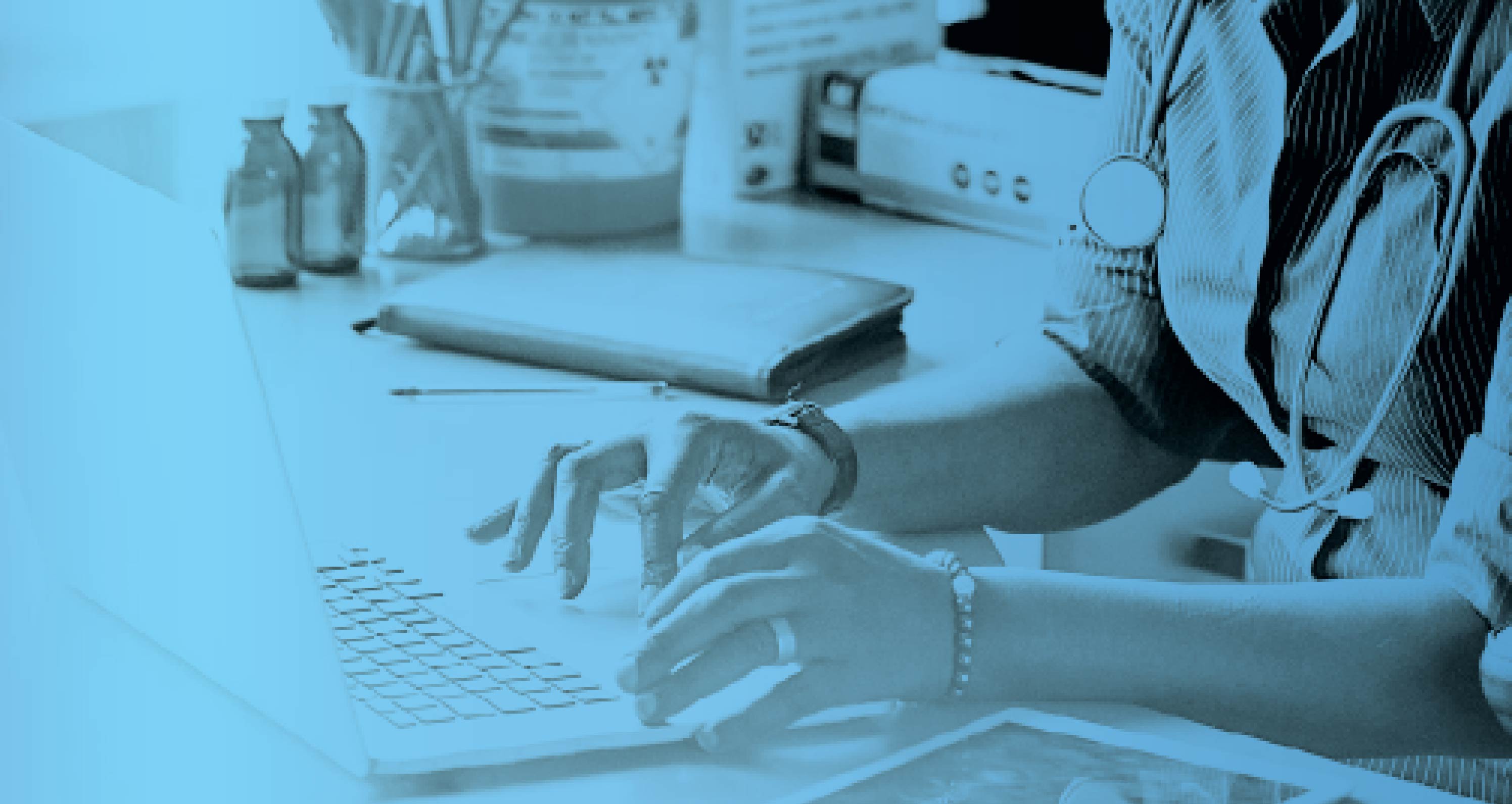 Healthcare professional with a stethoscope typing on a laptop at a desk, with a blue tint overlay.