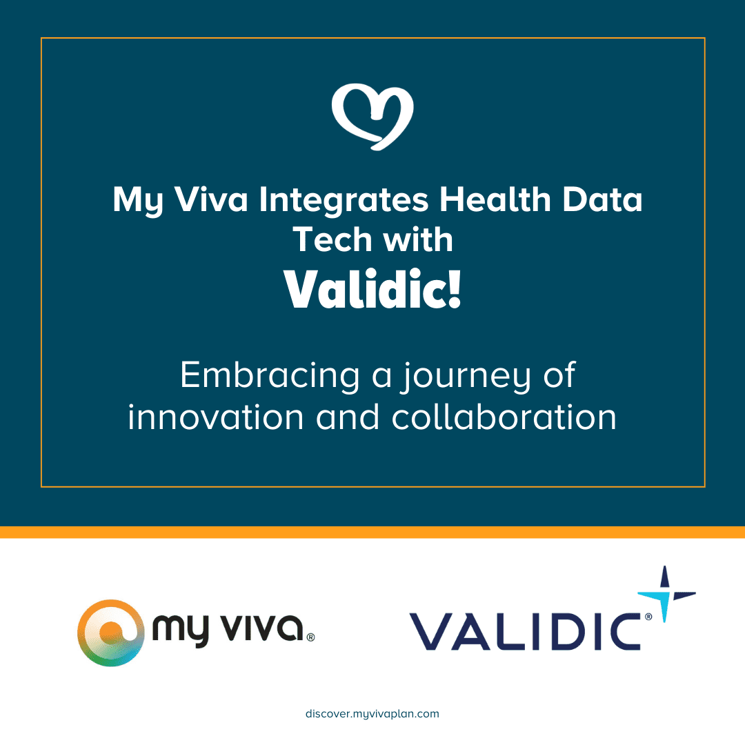 Social media graphic announcing My Viva integrates health data tech with Validic, featuring both company logos.