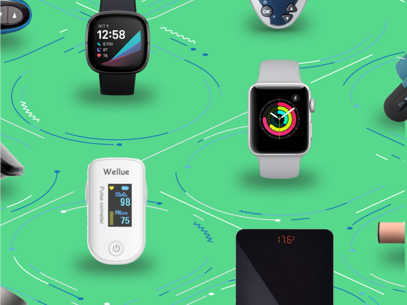 Collection of connected health devices including smartwatches, a blood pressure monitor, pulse oximeter, and smart scale on a green background.