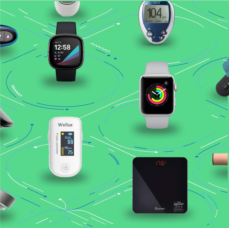 Collection of connected health devices including smartwatches, a blood pressure monitor, pulse oximeter, and smart scale on a green background.
